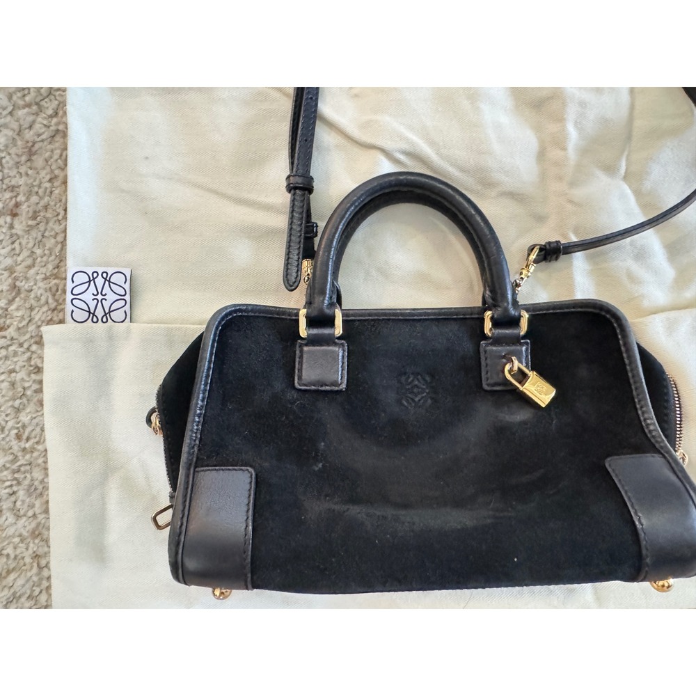 100% Authentic Loewe Amazona 23 Black Suede Leather Handbag Gold  Crossbody